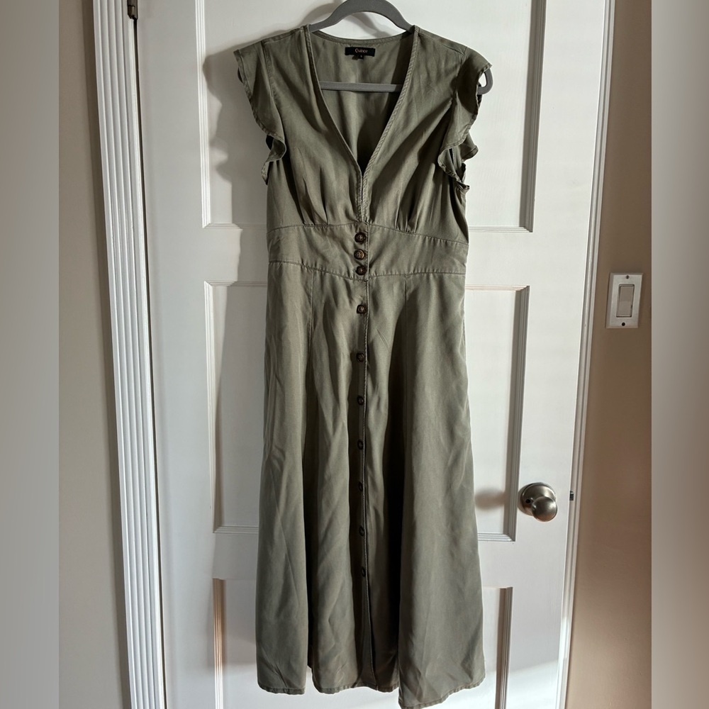 Quince Olive Green Midi Button-Front Dress with Ruffle Sleeves